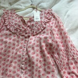 LoveShackFancy Pink Rose-Print Ruffle Blouse